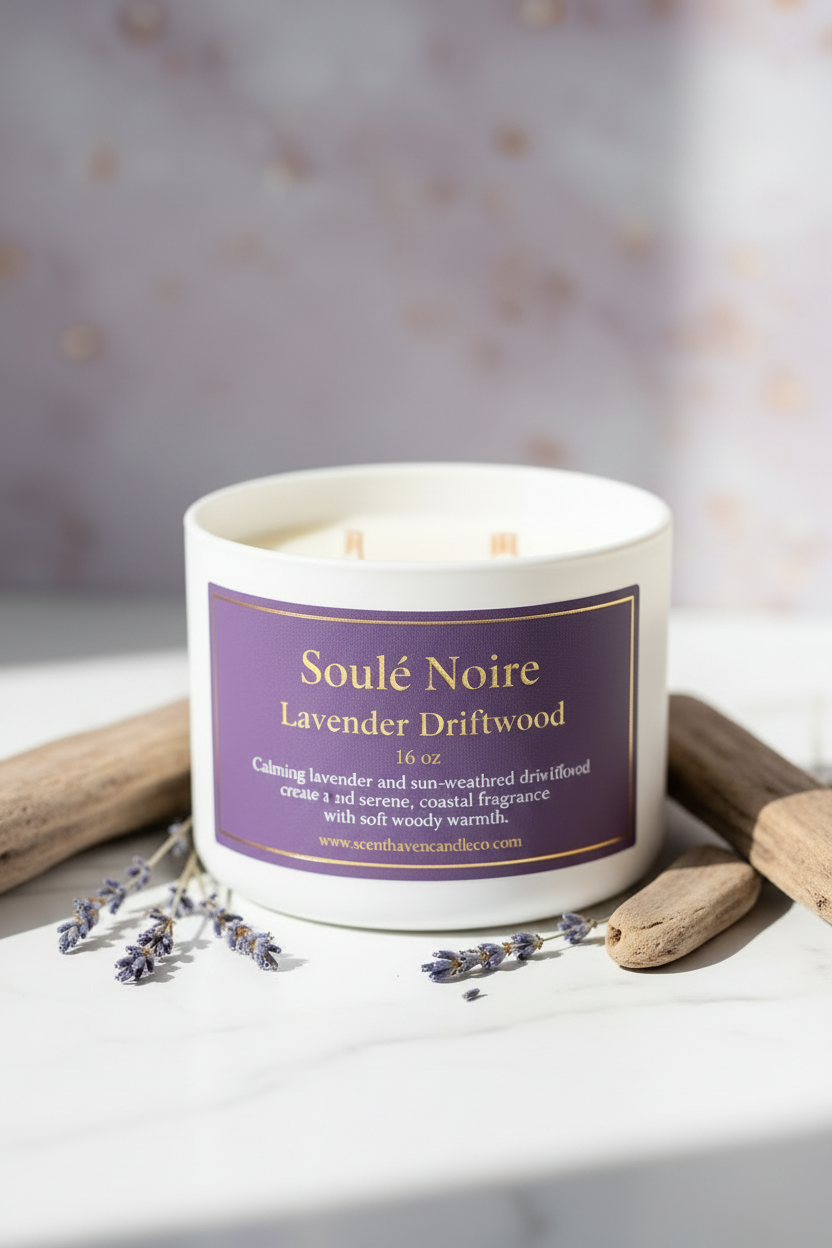 Lavender Driftwood 16 oz candle with elegant lavender and gold label