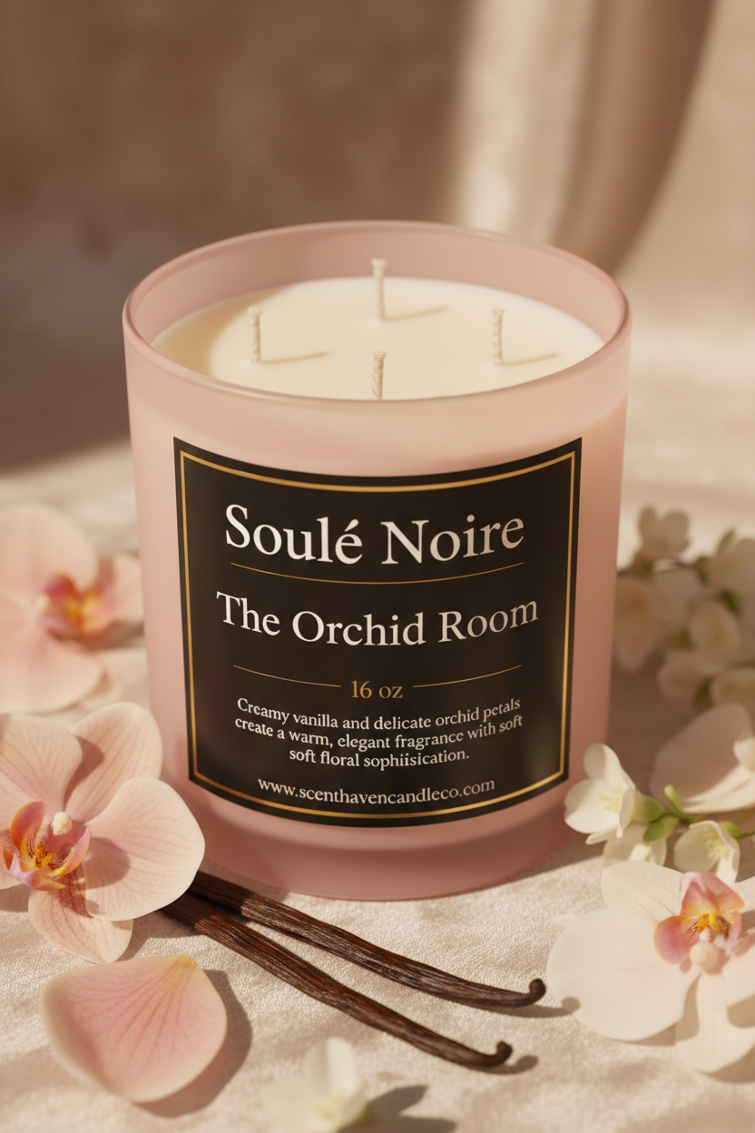Soulé Noire The Orchid Room luxury candle jar with orchid petals and vanilla