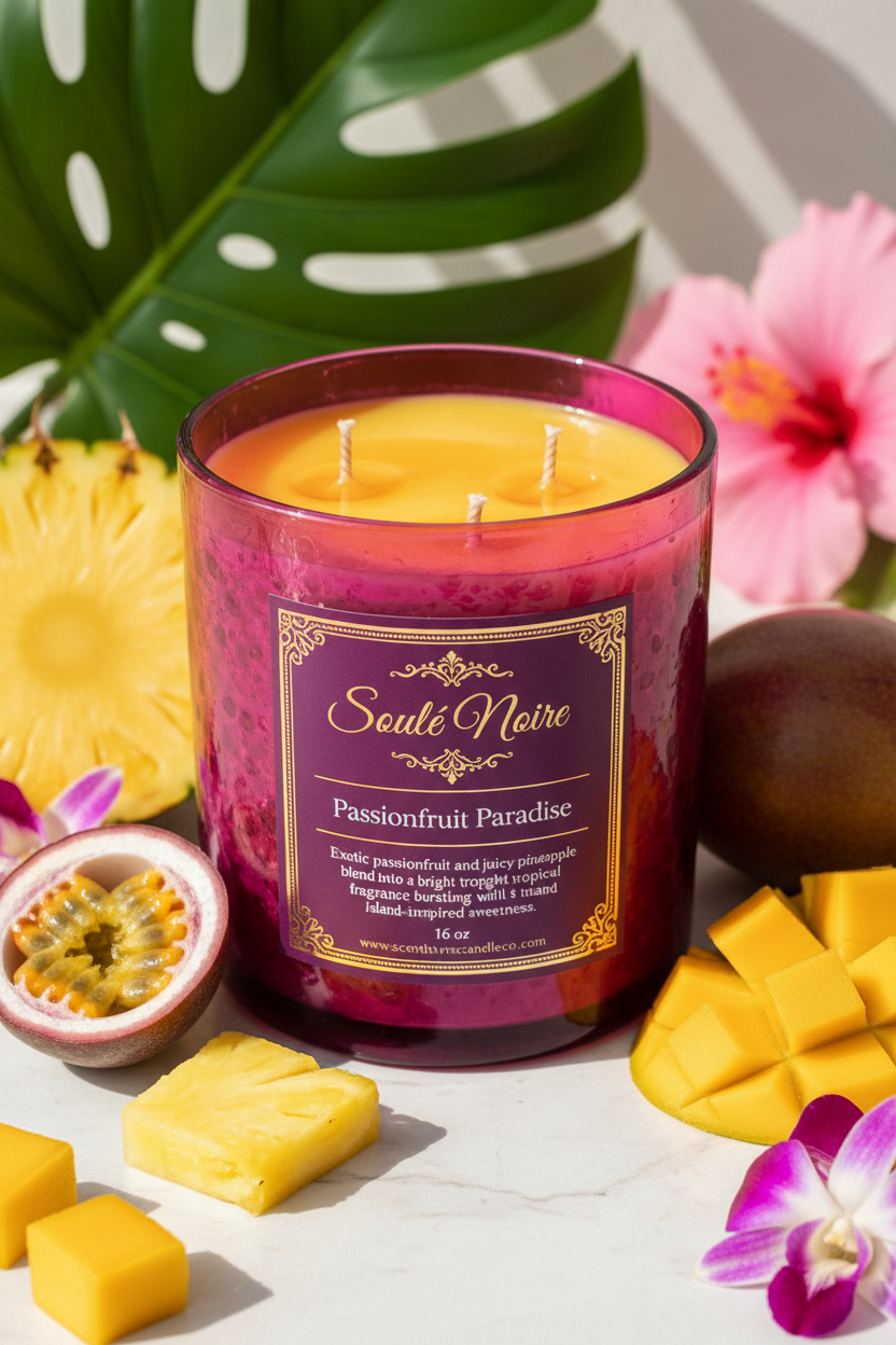 Soulé Noire Passionfruit Paradise luxury tropical candle jar with passionfruit and pineapple