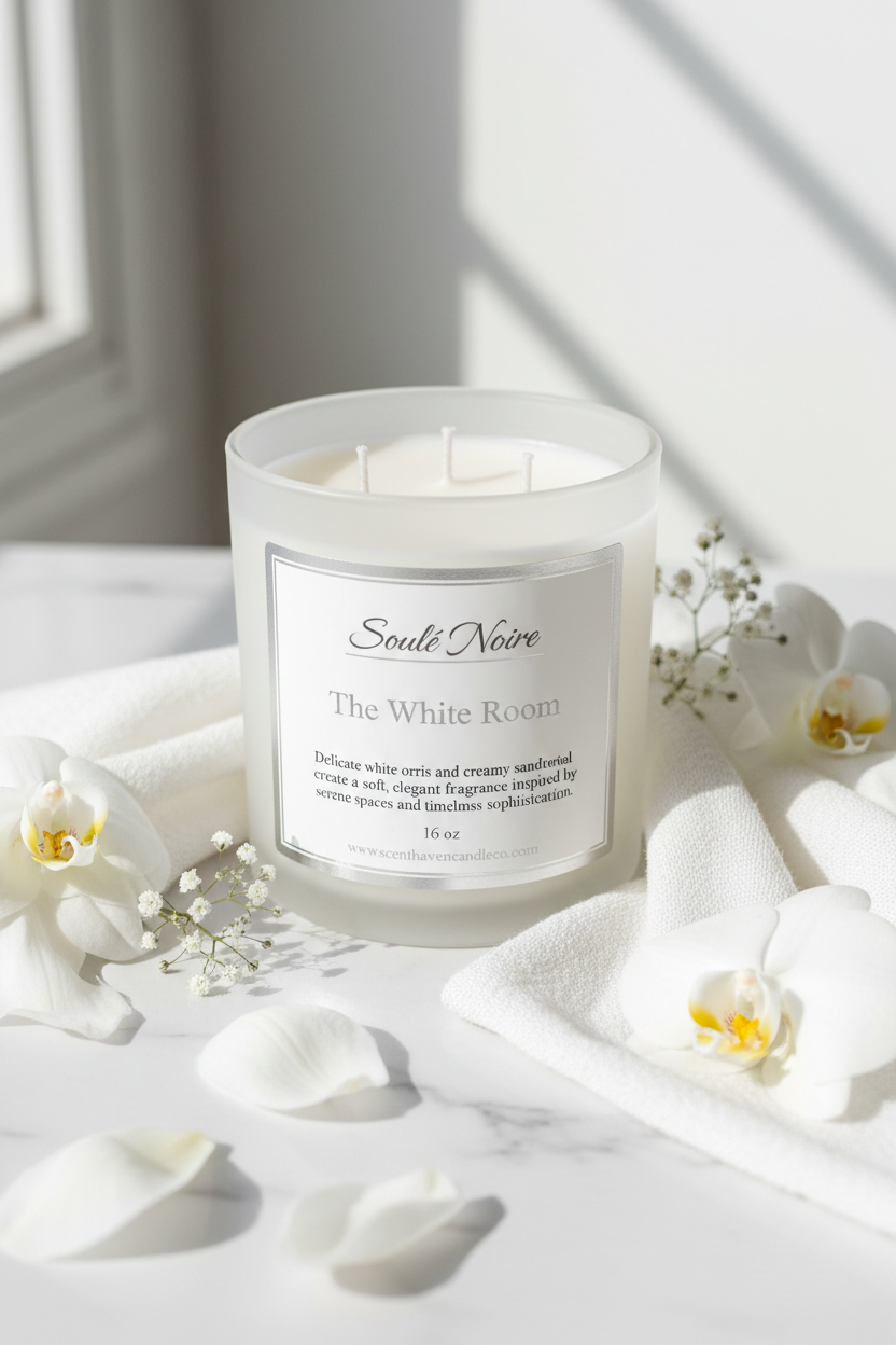 Soulé Noire The White Room luxury white frosted candle jar with iris petals and white florals